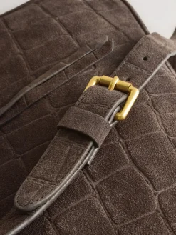 Next Chocolate Brown Suede Croc Messenger Cross-Body Bag New