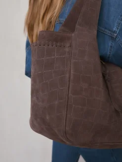 Next Chocolate Brown Suede Croc Effect Shoulder Bag Discount
