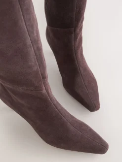 Next Forever Comfort® Knee High Chisel Toe Heeled Boots Chocolate Brown Suede New