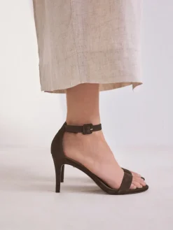 Next Signature Premium Leather Round Toe Buckle Detail Mid Simple Sandals Chocolate Brown Suede Sale