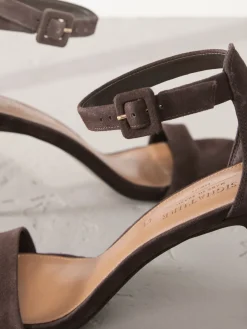 Next Signature Premium Leather Round Toe Buckle Detail Mid Simple Sandals Chocolate Brown Suede Sale