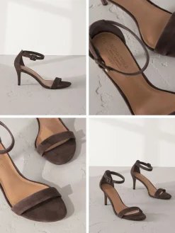 Next Signature Premium Leather Round Toe Buckle Detail Mid Simple Sandals Chocolate Brown Suede Sale