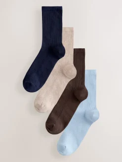 Next Ribbed Ankle Socks 4 Pack Chocolate Brown/Blue Sale