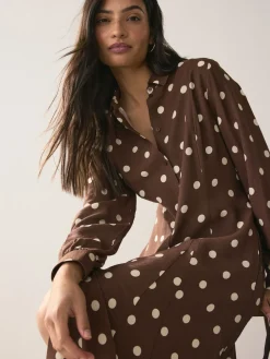 Next Printed Long Sleeve Shirt Dress Chocolate Brown/Ecru Polka Dot New