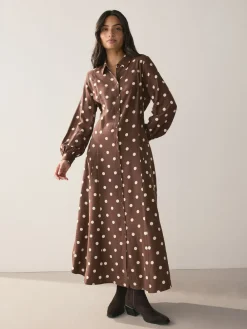 Next Printed Long Sleeve Shirt Dress Chocolate Brown/Ecru Polka Dot New