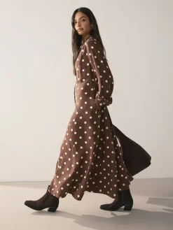 Next Printed Long Sleeve Shirt Dress Chocolate Brown/Ecru Polka Dot New