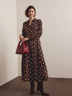Next Long Sleeve Midi Shirt Dress Chocolate Brown/Ecru Polka Dot Outlet