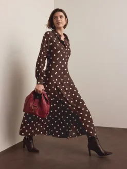 Next Long Sleeve Midi Shirt Dress Chocolate Brown/Ecru Polka Dot Outlet