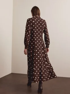 Next Long Sleeve Midi Shirt Dress Chocolate Brown/Ecru Polka Dot Outlet