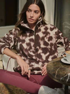 Next Chocolate Brown/Pink Leopard Soft Touch Cosy Teddy Borg Quarter Zip Fleece Outlet
