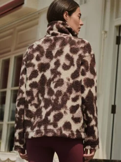 Next Chocolate Brown/Pink Leopard Soft Touch Cosy Teddy Borg Quarter Zip Fleece Outlet