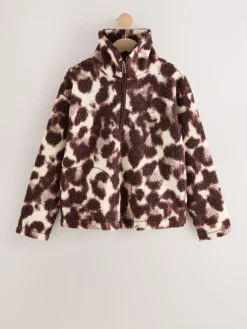 Next Chocolate Brown/Pink Leopard Soft Touch Cosy Teddy Borg Quarter Zip Fleece Outlet