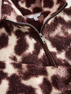 Next Chocolate Brown/Pink Leopard Soft Touch Cosy Teddy Borg Quarter Zip Fleece Outlet