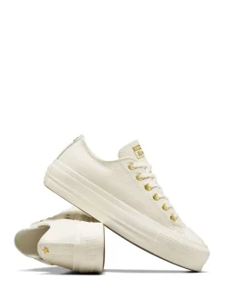 Converse White/Gold Chuck Taylor All Star Lift Mono Leather Low Trainers Hot