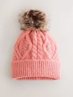 Next Coral Pink Cable Knitted Pom Hat