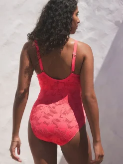 Next Coral Pink Lace Shaping Tummy Control Swimsuit Clearance