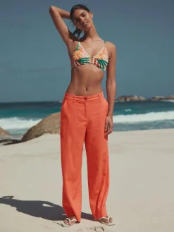 Next Smart Front Linen Blend Wide Leg Trousers Coral Pink Sale