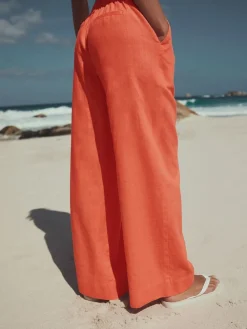 Next Smart Front Linen Blend Wide Leg Trousers Coral Pink Sale