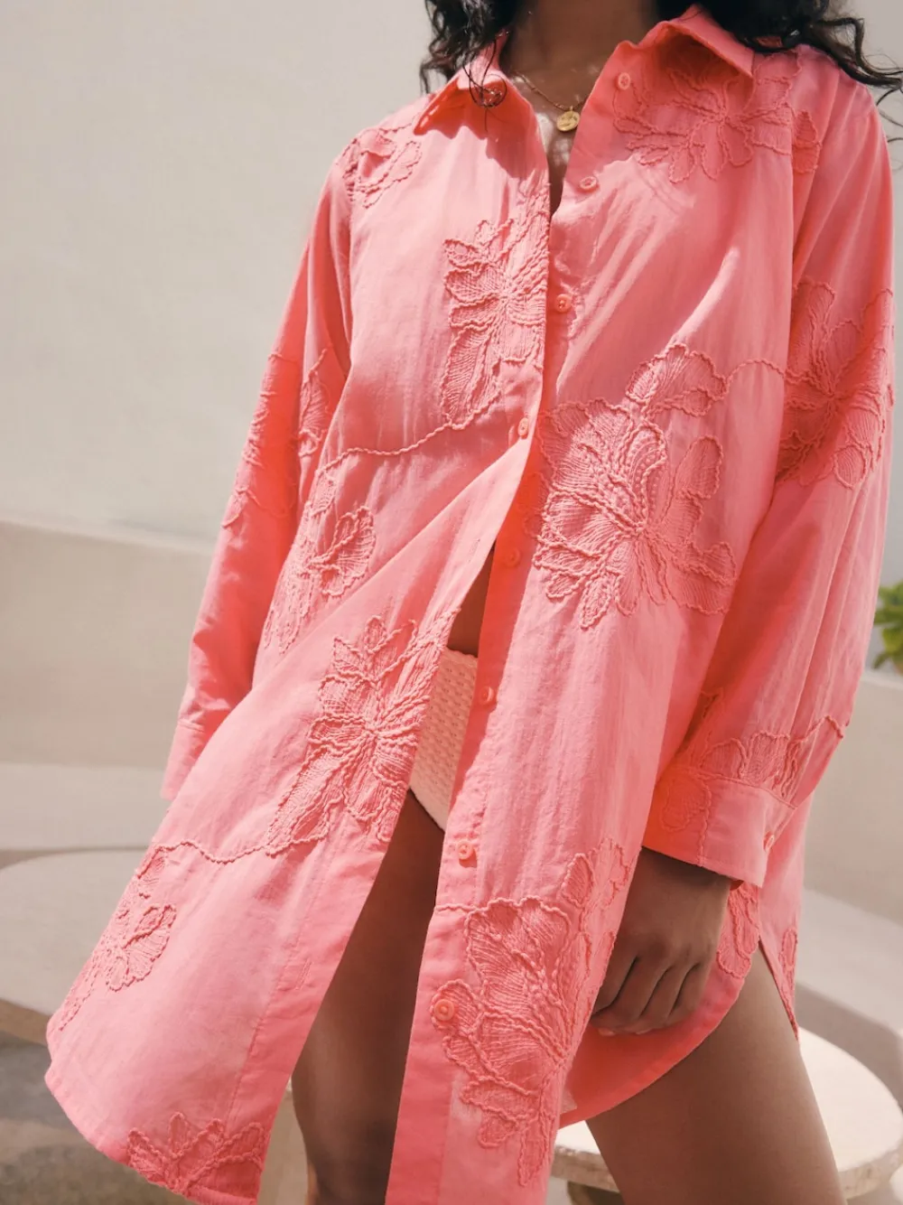 Next Textured Cornelli Cover-Up Shirt Coral Pink Outlet