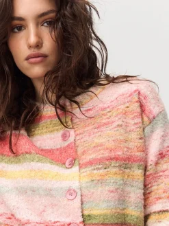 Next Spacedye Knitted Crew Neck Cardigan Coral Pink/Orange New
