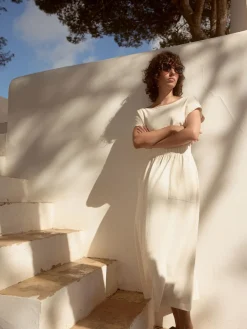 Next 100% Cotton Summer Midi T-Shirt Dress Cream Discount