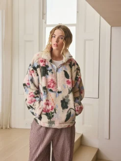 Next Cream Floral Borg Half Zip Fleece Online