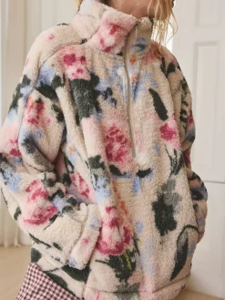 Next Cream Floral Borg Half Zip Fleece Online