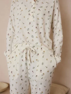 Next Cream Floral Cosy Waffle Long Sleeve Pyjamas Outlet