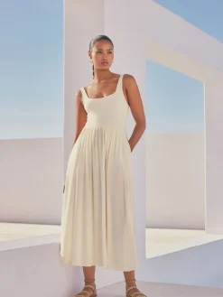 Next Jersey Waisted Summer Dress Cream New