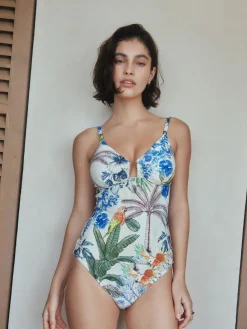 Next Tummy Control Tankini Top Cream/Navy Parrot Print Sale