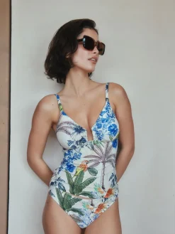 Next Tummy Control Tankini Top Cream/Navy Parrot Print Sale