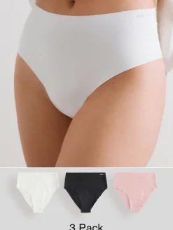 Next High Waist High Leg Cotton Rich No VPL Knickers 3 Pack Cream/Pink/Black Sale