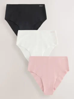 Next High Waist High Leg Cotton Rich No VPL Knickers 3 Pack Cream/Pink/Black Sale