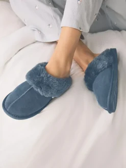 Next Denim Blue Faux Fur Lined Suede Mule Slippers Clearance