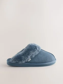 Next Denim Blue Faux Fur Lined Suede Mule Slippers Clearance