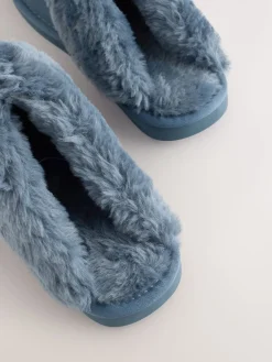 Next Denim Blue Faux Fur Lined Suede Mule Slippers Clearance