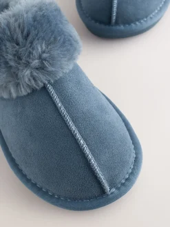 Next Denim Blue Faux Fur Lined Suede Mule Slippers Clearance