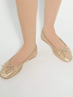 Dune London Gold Heat Woven Ballerina Shoes Discount