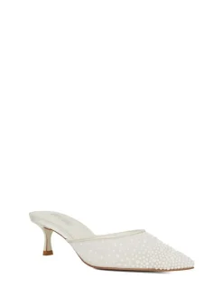 Dune London White Cuddling Bridal Mesh Kitten Mule Heels Discount