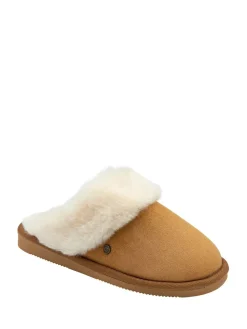 Dunlop Faux Suede Mule Slippers Fur Collar Brown Clearance