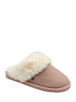 Dunlop Faux Suede Mule Slippers Fur Collar Pink Sale