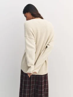 Next Cotton And Wool Blend Longline V-Neck Jumper Ecru New