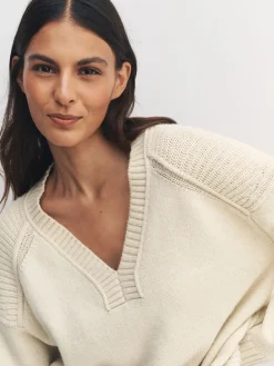 Next Cotton And Wool Blend Longline V-Neck Jumper Ecru New