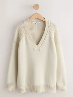 Next Cotton And Wool Blend Longline V-Neck Jumper Ecru New