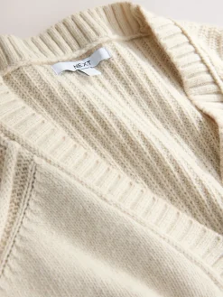 Next Cotton And Wool Blend Longline V-Neck Jumper Ecru New