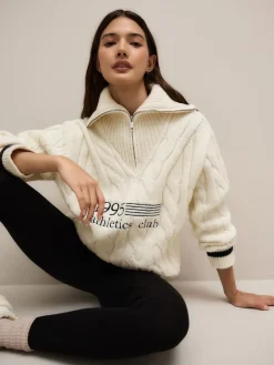 Next Ecru Cream Cable Zip Neck 1995 Graphic Jumper