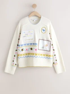 Next Ecru Embroidered Crew Neck Knitted Jumper with Wool Hot