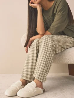 Next Ecru Faux Fur Heart Footbed Slippers Clearance