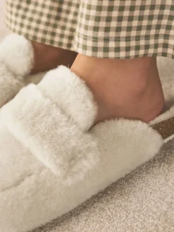 Next Ecru Faux Fur Heart Footbed Slippers Clearance