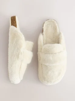 Next Ecru Faux Fur Heart Footbed Slippers Clearance